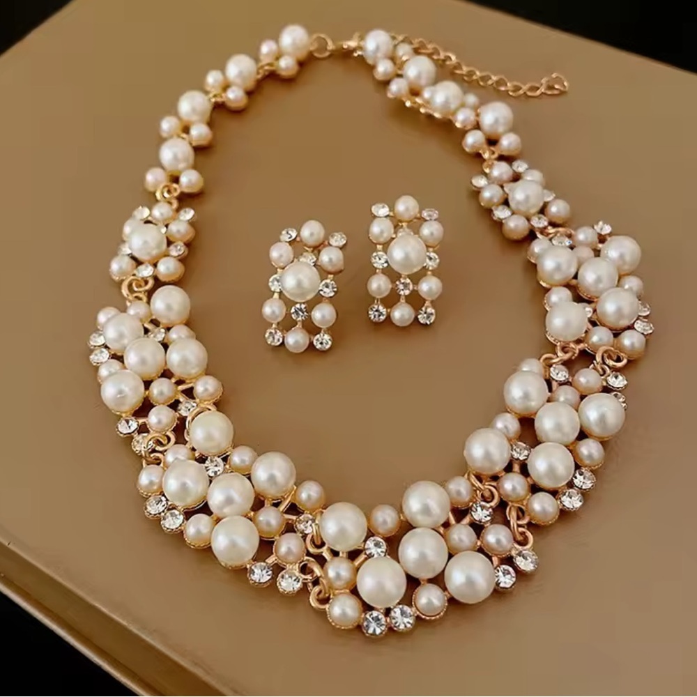 Pearl Cluster Jewelry Set – Bridal Necklace & Earrings – Crystal Accent 45cm